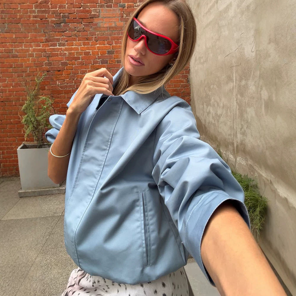 Women's Light Cropped Field Blouson Jacket with Concealed Snap Placket and Boxy Silhouette Mune Fashion