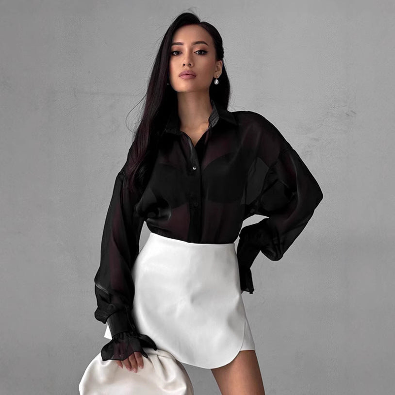 Women's Transparent Blouse with Voluminous Sleeves and Elegant Ruffle Details Mune