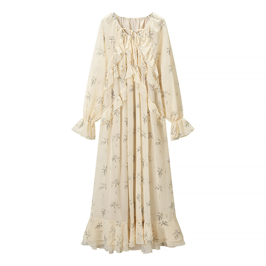 Women's maxi dress with ruffles, long bell sleeves, and floral chiffon design Mune Fashion