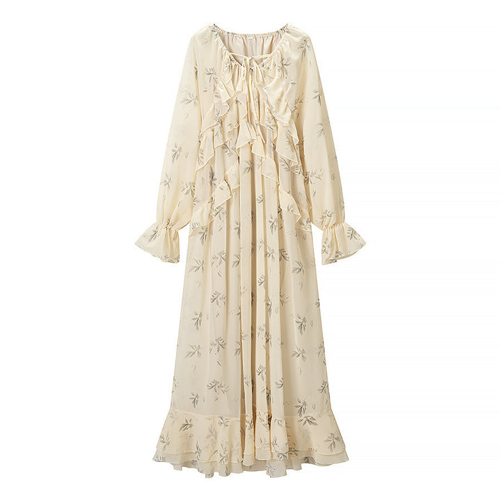 Women's maxi dress with ruffles, long bell sleeves, and floral chiffon design Mune Fashion