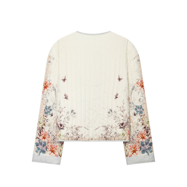 Women's quilted flower cardigan jacket with round neck, light padding and continuous press stud placket Mune Fashion