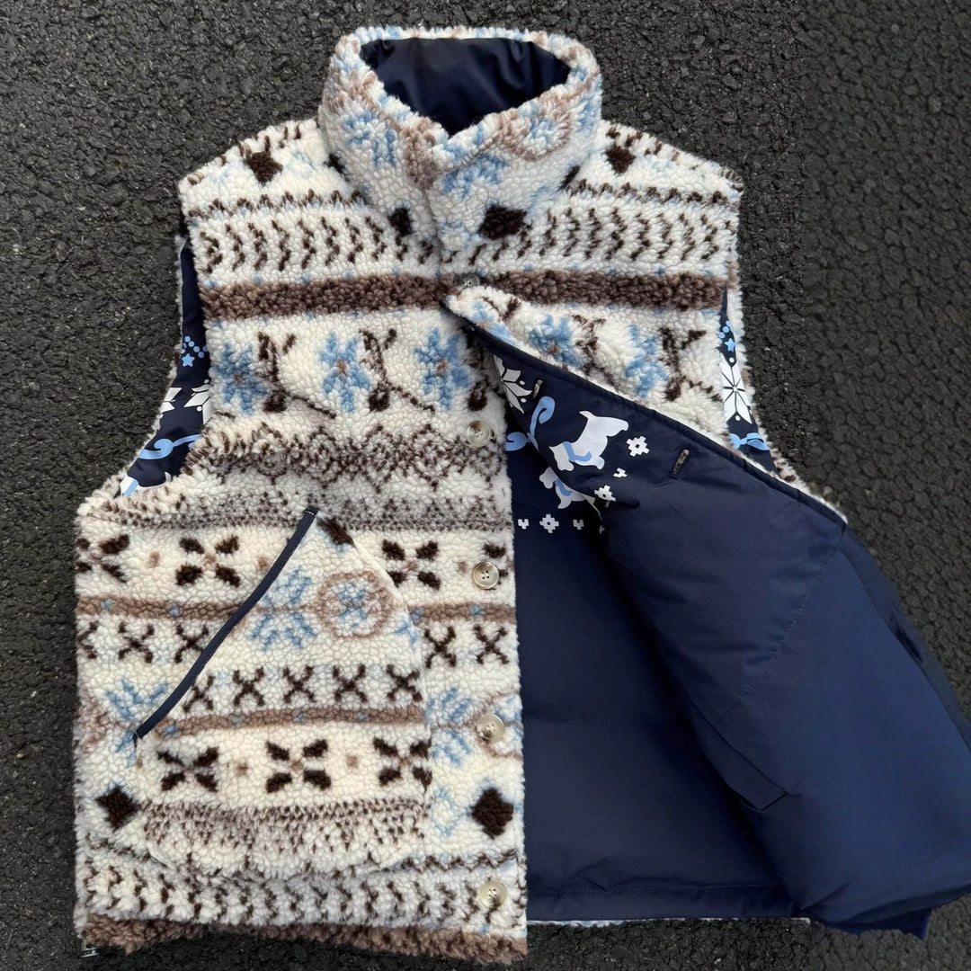 Women's Patterned Teddy Fleece Vest with Stand-Up Collar and Quilted Inner Lining Mune Fashion