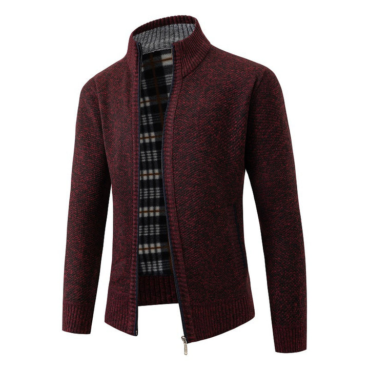 Men's Structured Zip Cardigan with Check Fleece Lining and Stand-Up Collar Mune Fashion