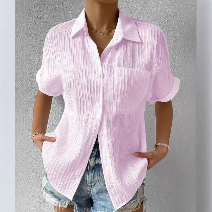 Women's crinkle effect shirt blouse with breast pocket, rolled sleeves and loose fit Mune Fashion