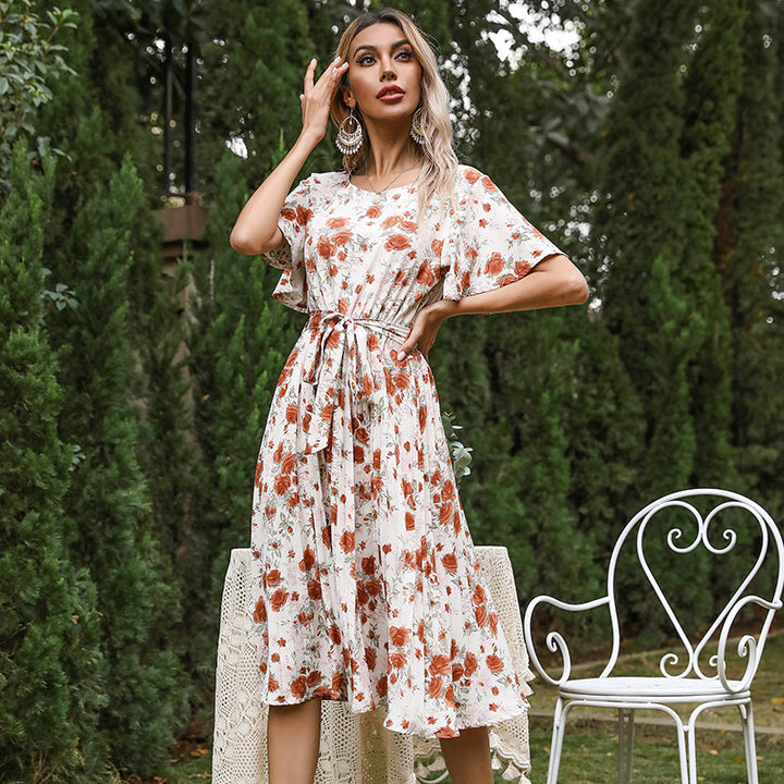 Women Floral Midi Dress with Tie Belt, Flatter Sleeves and A-Line Cut Mune Fashion