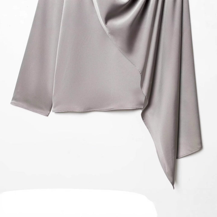Women Asymmetrical Draped Satin Blouse with Waterfall Collar Mune Fashion