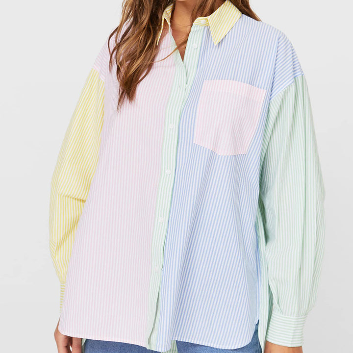 Women nan oversized shirt blouse with block stripes and chest pocket Mune Fashion