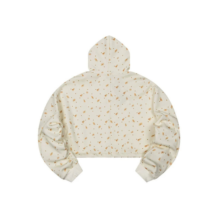Women's Cropped Hoodie Sweatshirt with Allover Floral Print, Chest Pocket and Ruffled Hem Mune Fashion