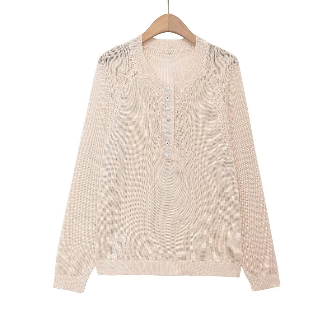 Women's fine knit Henley pullover with button placket and raglan sleeves Mune Fashion