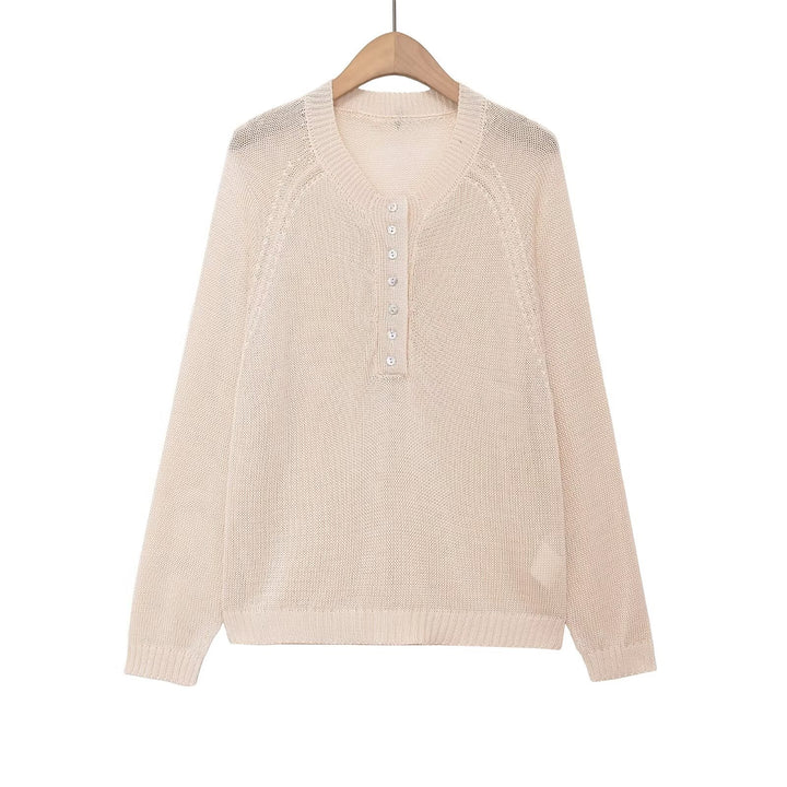 Women's fine knit Henley pullover with button placket and raglan sleeves Mune Fashion