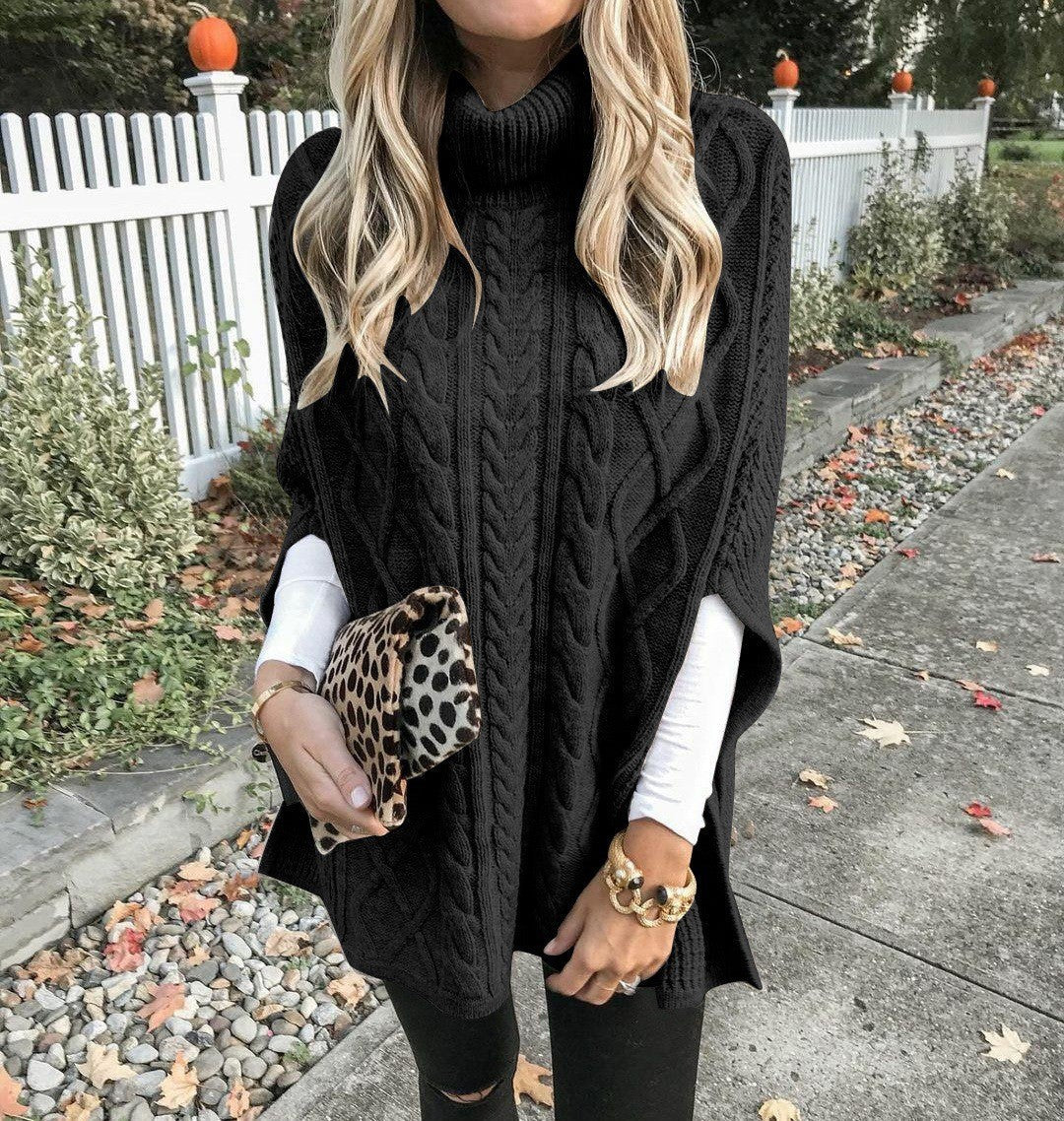 Women's Chunky Knit Poncho with High Collar and Cable Design Mune