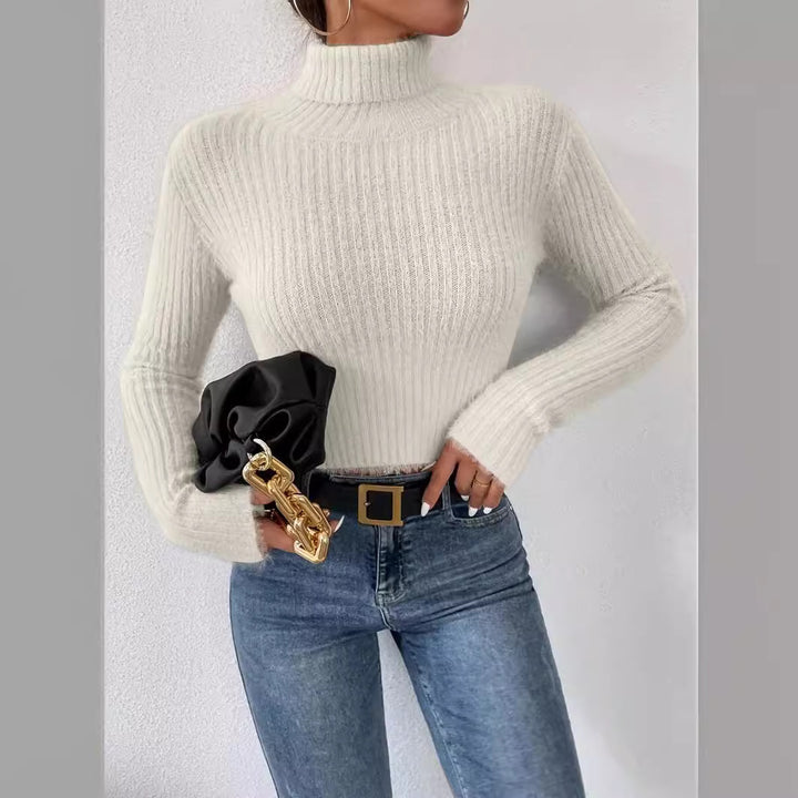 Women's Short Ribbed Turtleneck Sweater with Fluffy Mohair Look Mune Fashion