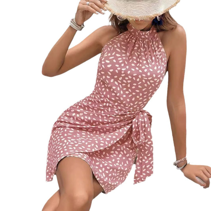 Women Halter Wrap Dress made of lightweight satin with tie belt Mune Fashion