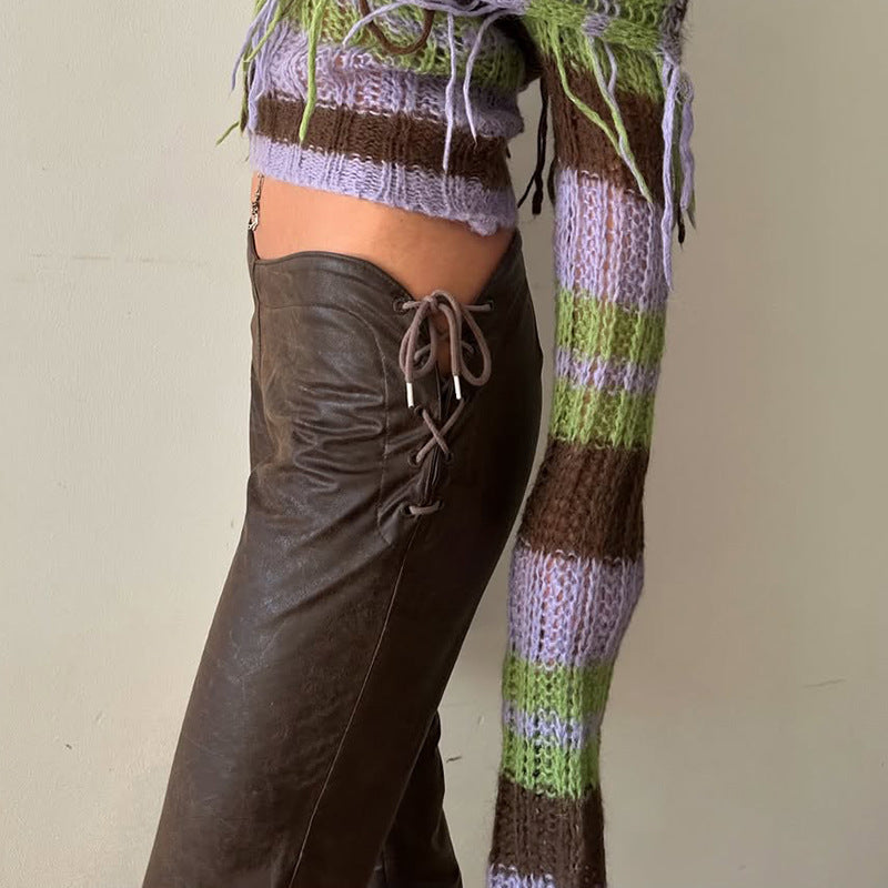 Women High-Waist Flared Trousers made of Faux Leather with Side Decorative Cords Mune Fashion