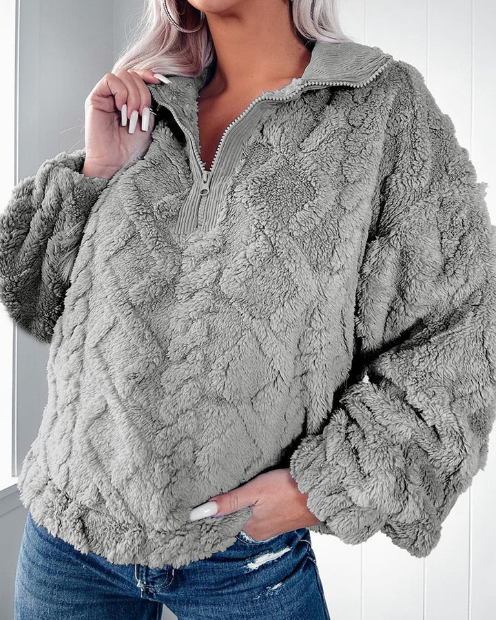 Women's plush Sherpa pullover with half zipper, stand-up collar, and oversized silhouette Mune Fashion