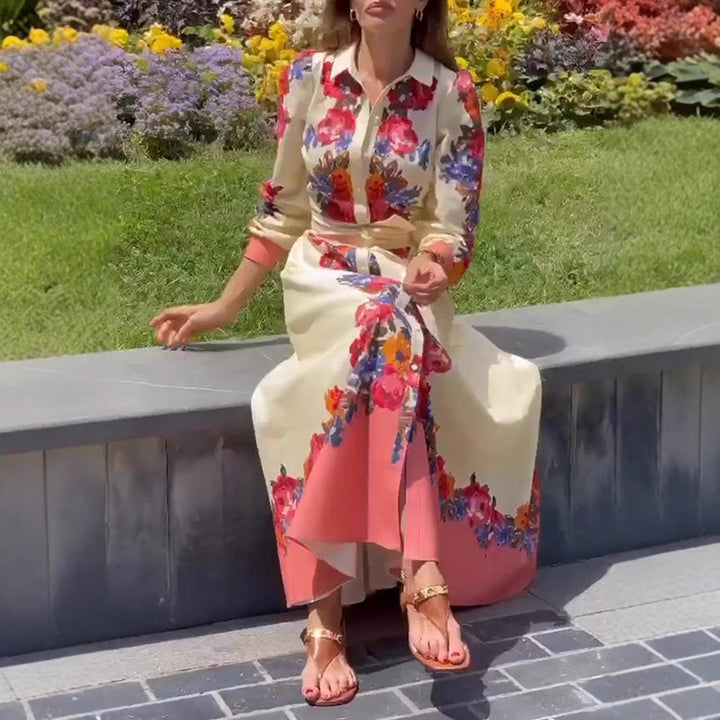 Women's long hem blouse dress with floral print, tie belt, and ruffle trim Mune Fashion