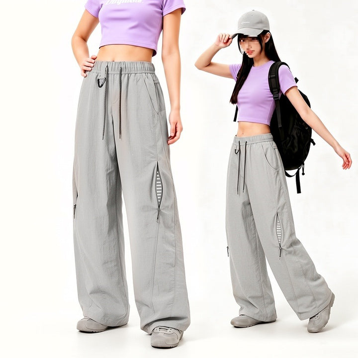 Women's Oversize Tech Lounge Pants with Contrast Seams, Reflective Zipper Pockets & Drawstring Waist Mune Fashion