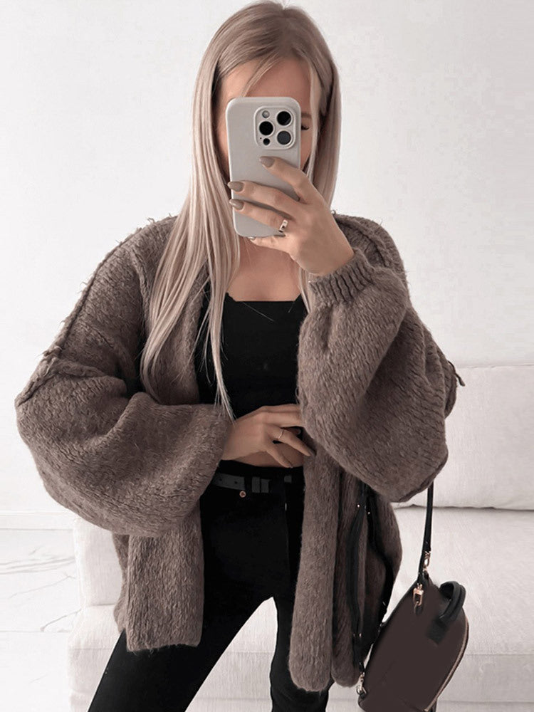 Women's Oversize Knit Cardigan with Voluminous Balloon Sleeves and Teddy-like Texture Mune Fashion
