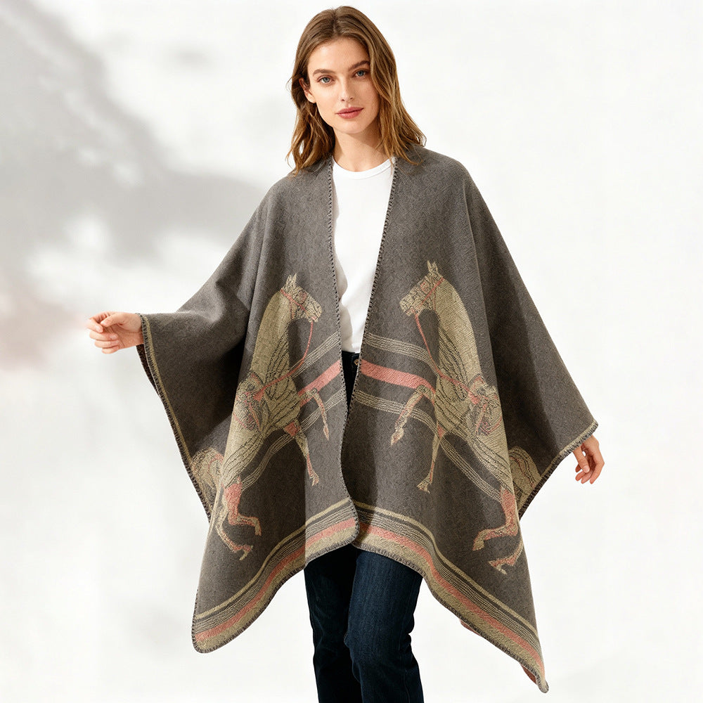 Women's poncho-cape made of wool blend with woven horse jacquard and contrasting piping Mune Fashion