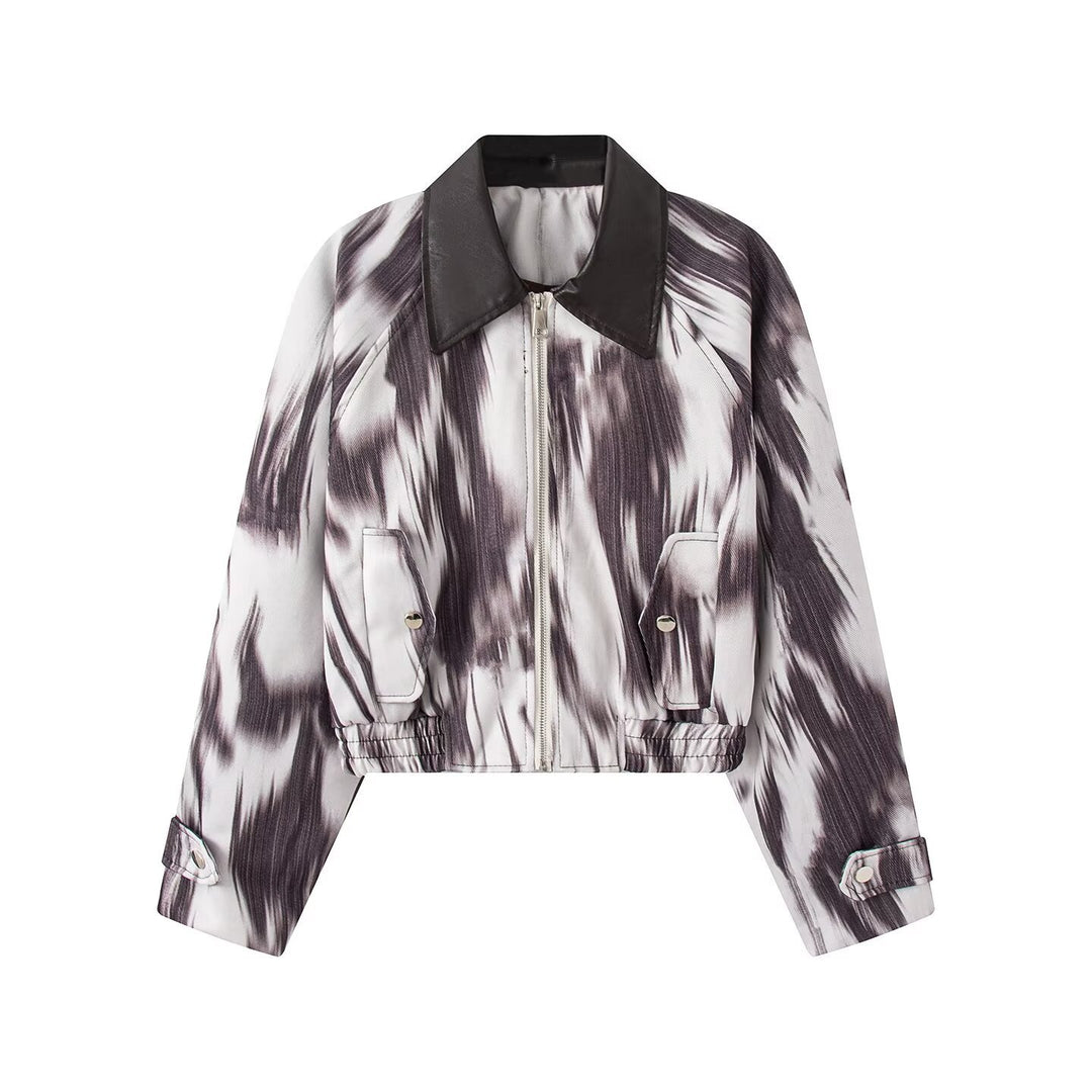 Women Short Bomber Jacket with Abstract Brush Print and Leather-Look Collar Mune Fashion