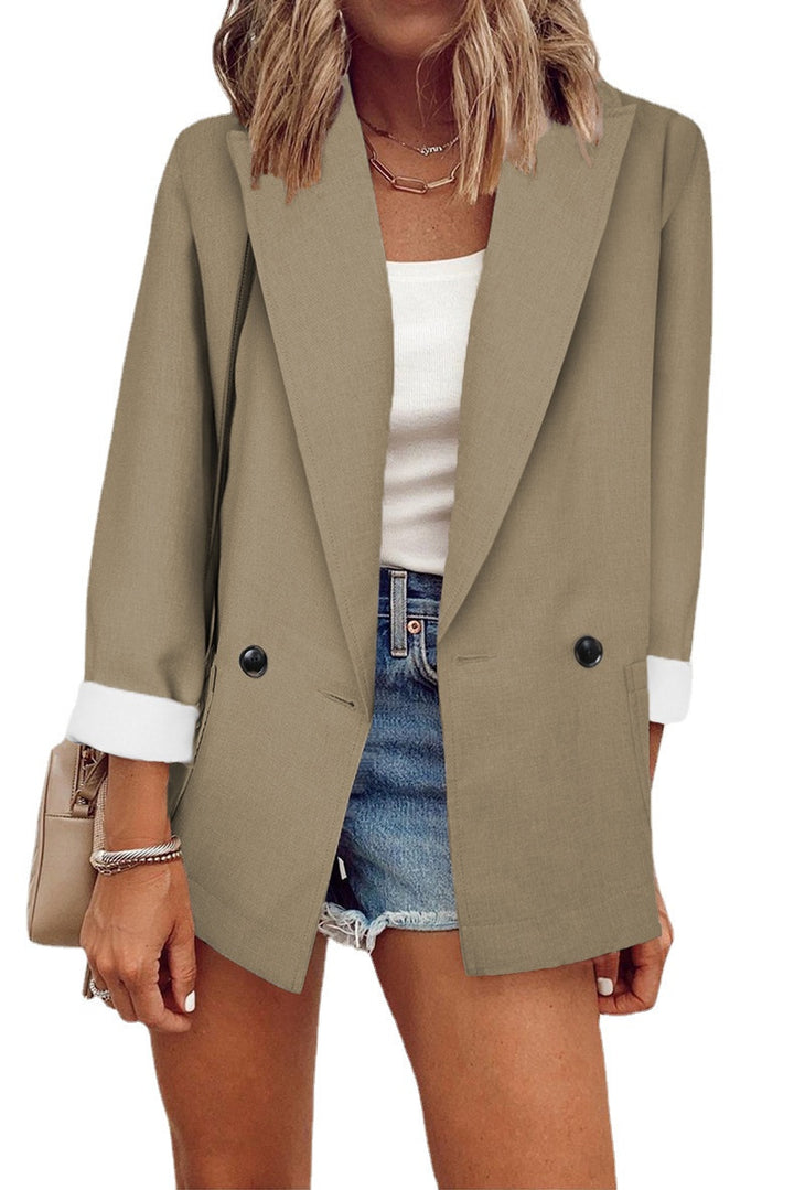 Women's Oversize Longline Blazer with 3/4 Sleeves, Contrast Lapel and Patch Pockets Mune Fashion