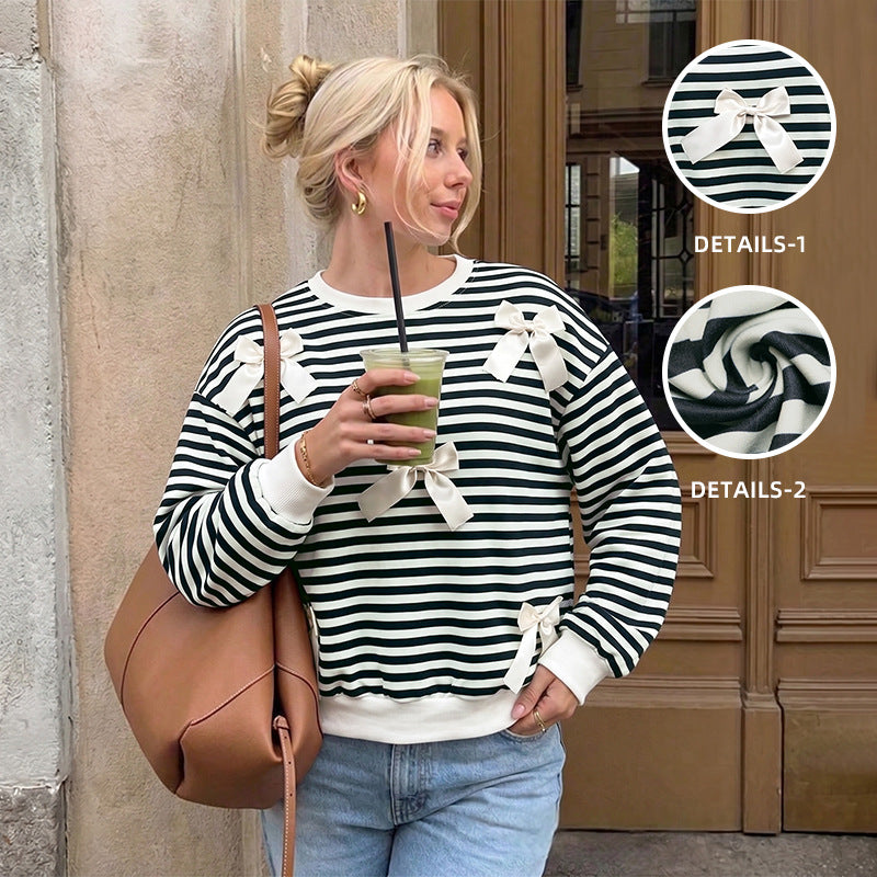 Ladies Oversize Cotton Sweatshirt with Maritime Stripes and Decorative Bows Mune Fashion
