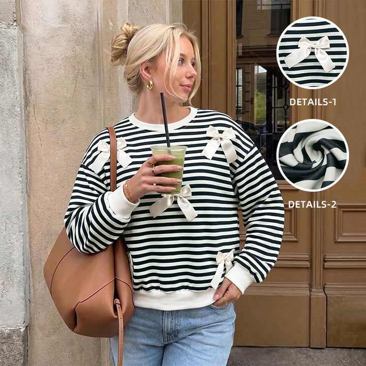 Ladies Oversize Cotton Sweatshirt with Maritime Stripes and Decorative Bows Mune Fashion