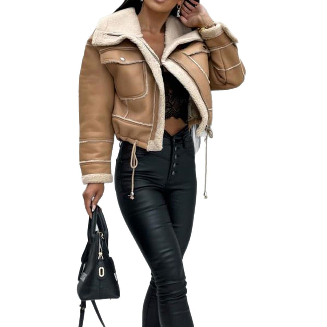 Women Cropped Biker Jacket Withshearling Mune
