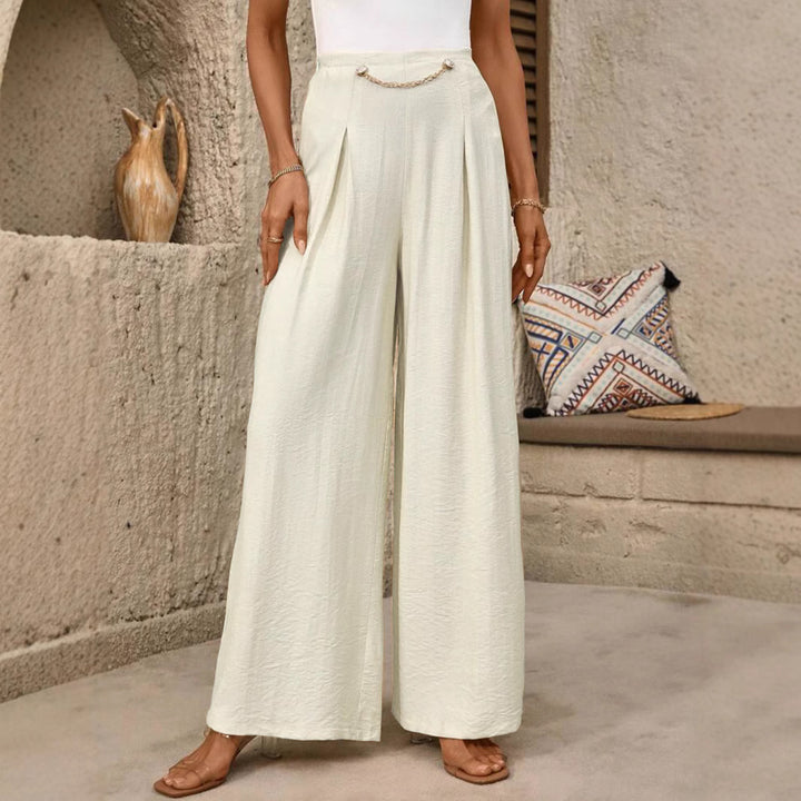 Women High-Waist Palazzo Pants with Wide Leg, Pleats and Decorative Chain Detail Mune Fashion
