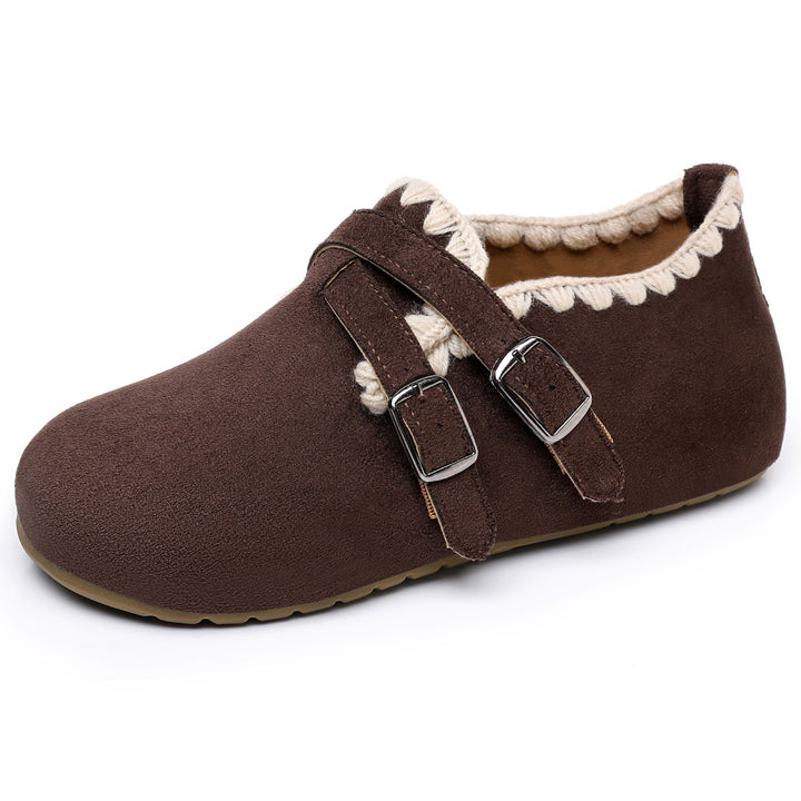 Ladies nan velour slip-on moccasin with decorative crochet trim and adjustable double buckles Mune Fashion