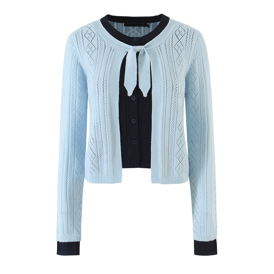 Women Fine Knit Two-Piece Cardigan with Bow Collar and Decorative Waistcoat Mune Fashion
