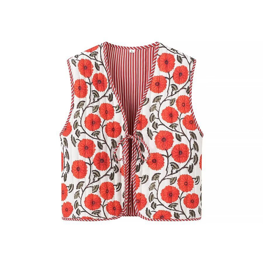 Women Patchwork Vest with Tie Band and V-Neck Mune Fashion