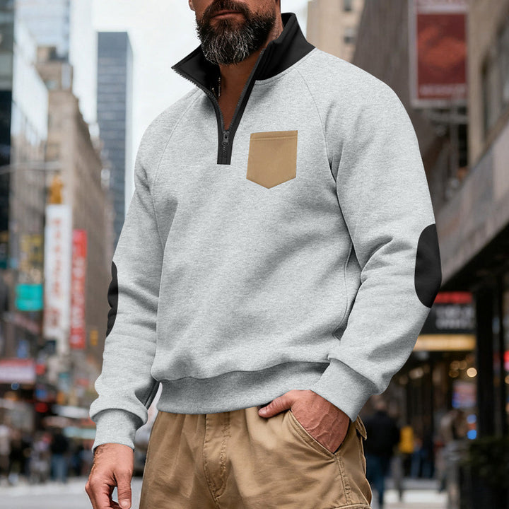Men's Nan Quarterzip Sweatshirt with Stand-Up Collar, Contrasting Zipper, Elbow Patches, and Chest Pocket Mune Fashion