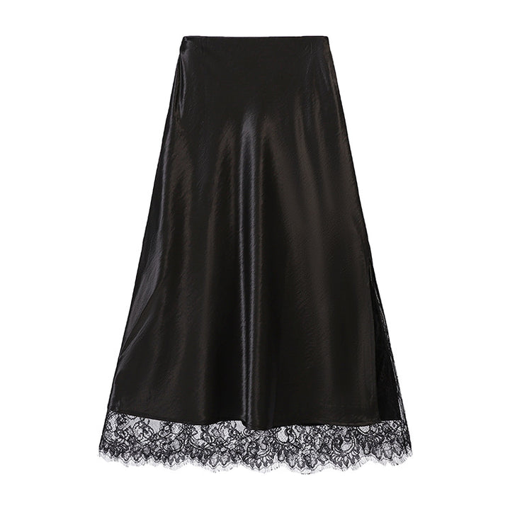Women's satin midi skirt with delicate lace trim and flowing A-line down