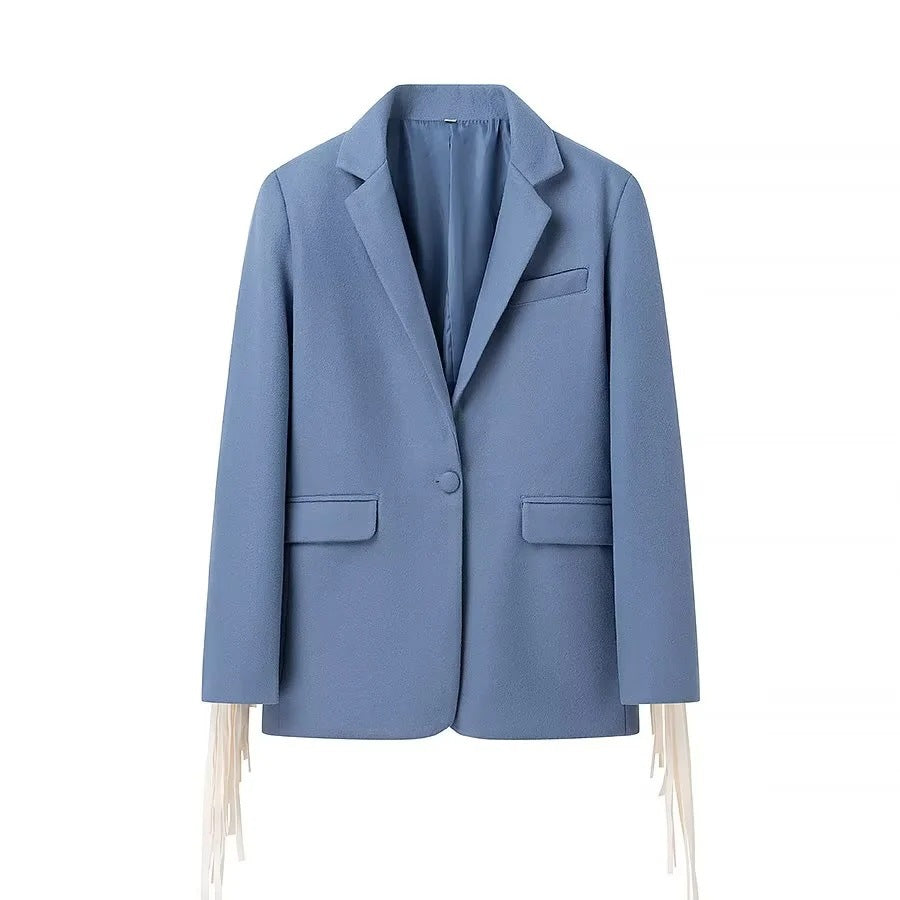 Women Oversize Blazer with Long Fringes and Decorative Seams Mune Fashion
