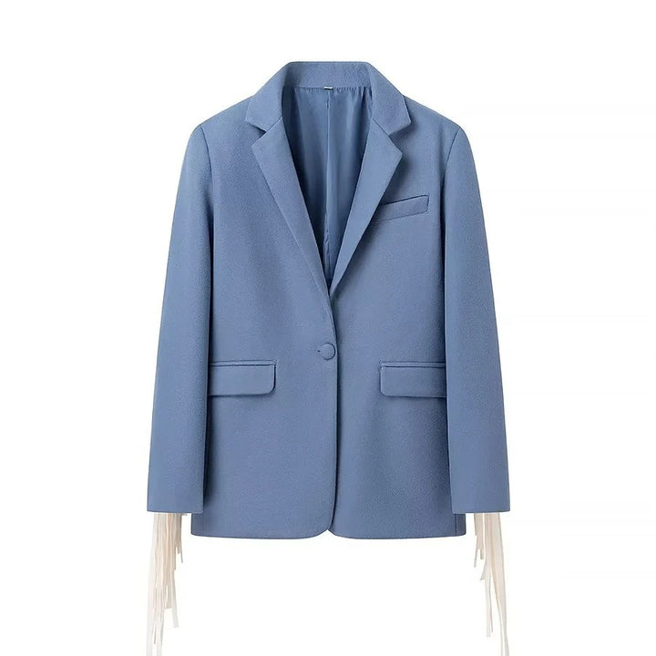 Women Oversize Blazer with Long Fringes and Decorative Seams Mune Fashion