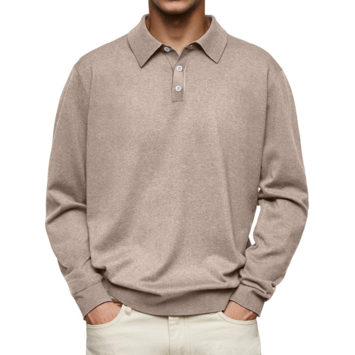 Men's Fine Knit Long Sleeve Polo Shirt with Placket and Collar Mune Fashion