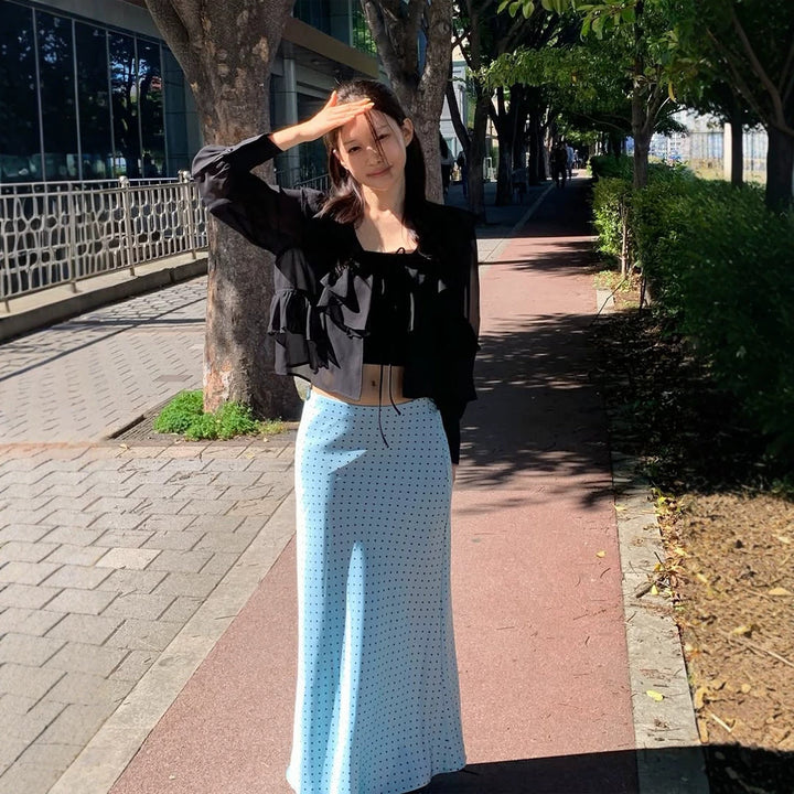 Women's satin midi skirt with polka dot print, tailored fit & flowing bias silhouette Mune Fashion
