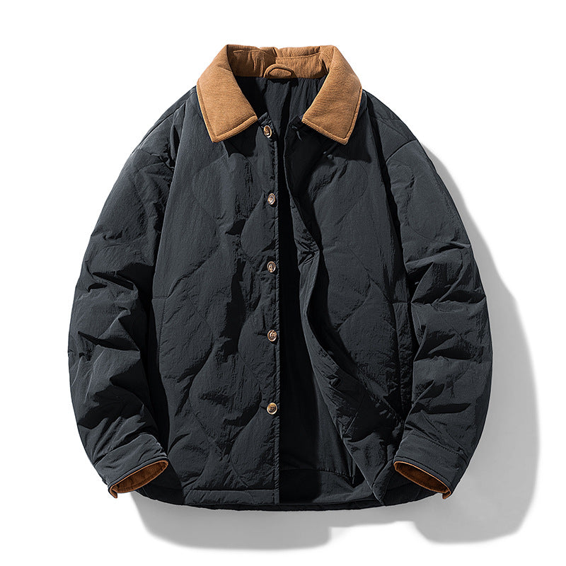 Men's Quilted Padded Jacket with Corduroy Collar and Button Placket Drune
