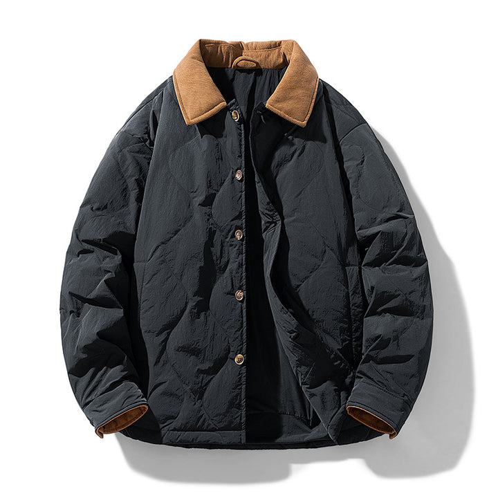 Men's Quilted Padded Jacket with Corduroy Collar and Button Placket Drune