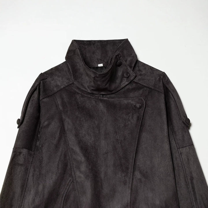 Ladies Short Velvet-Look Bomber Jacket with High Stand-Up Collar and Asymmetrical Button Placket Mune Fashion