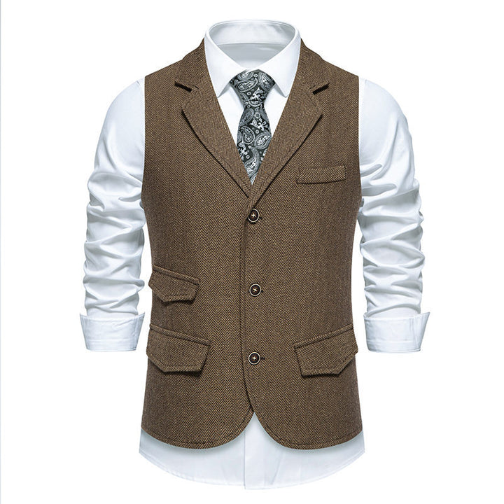 Men's tweed vest with herringbone structure, lapel collar and flap pockets Mune Fashion