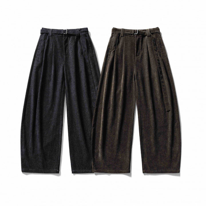 Women's Wide High Waist Pants with Pleats, Balloon Silhouette and Fabric Belt Mune Fashion