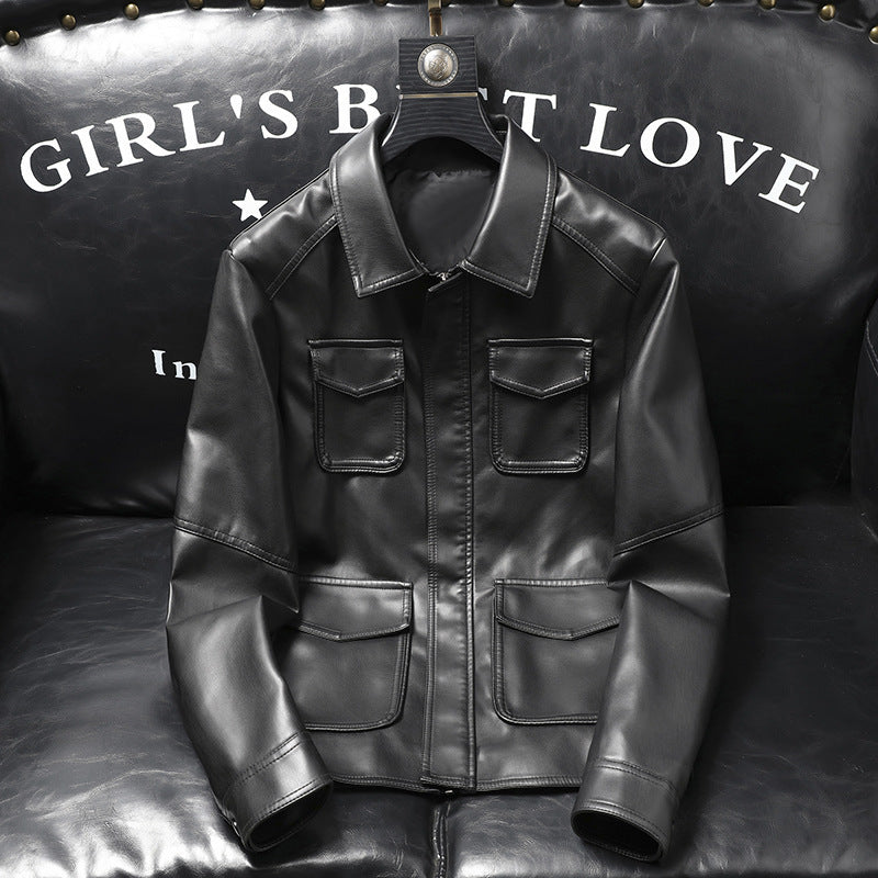 Men's smooth artificial leather field jacket with four patch pockets Mune Fashion