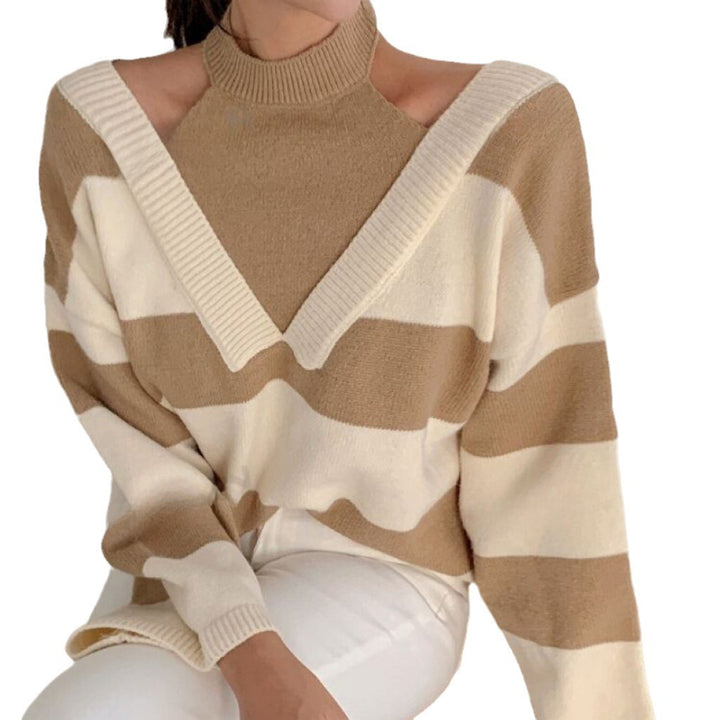 Women's Off-Shoulder Striped Knit Sweater with Cut-Out Shoulders and V-Inset Mune Fashion