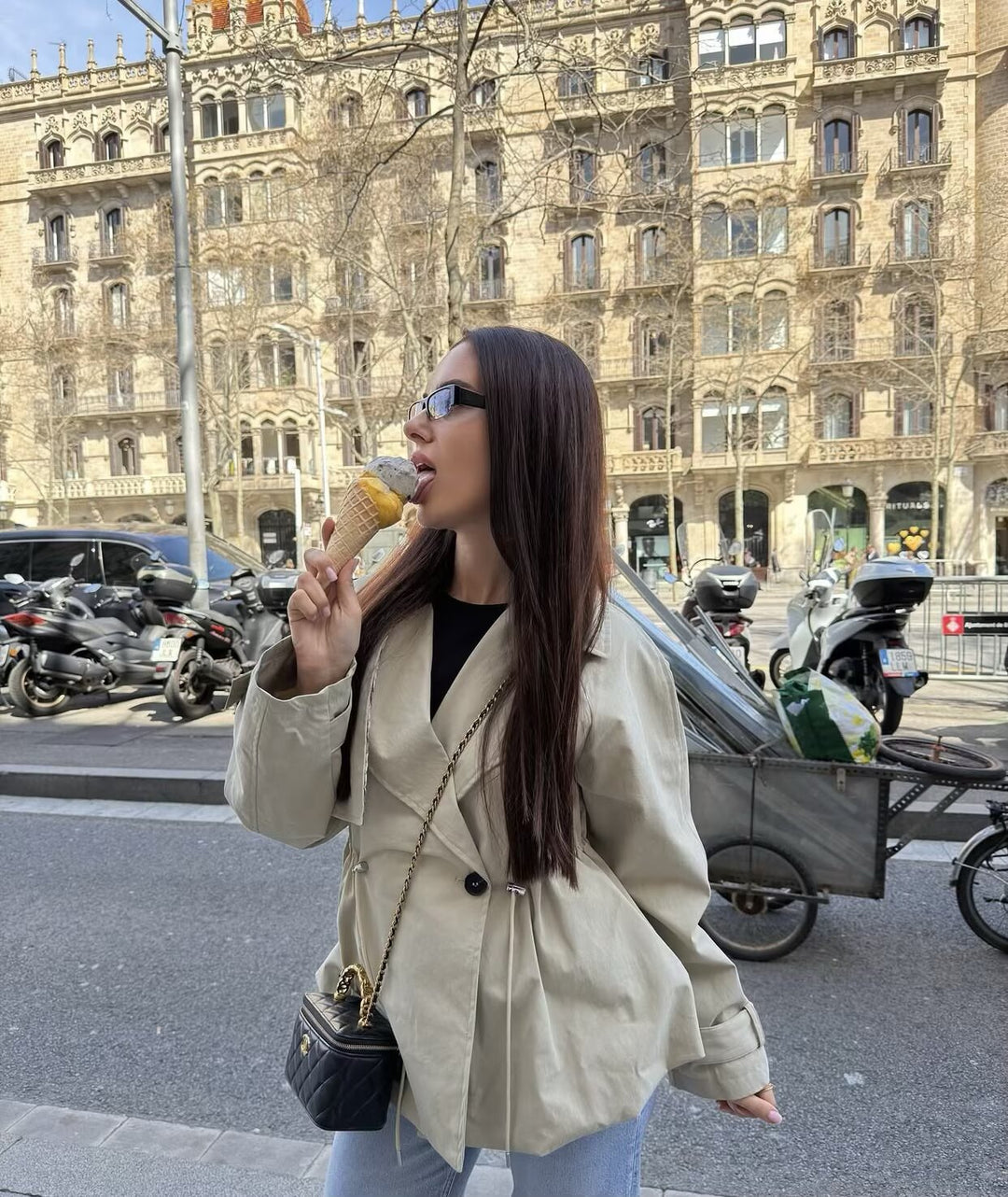 Women Cropped Trench Coat in Boxy Cut with Drawstring Waist and Oversized Cuffs Mune Fashion