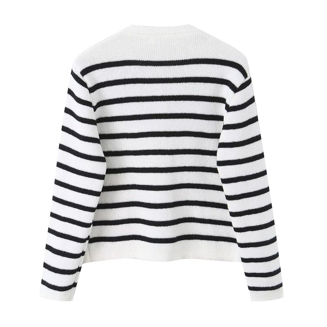 Women Striped Cardigan with Round Neck, Decorative Button Placket and Patch Pockets Mune Fashion
