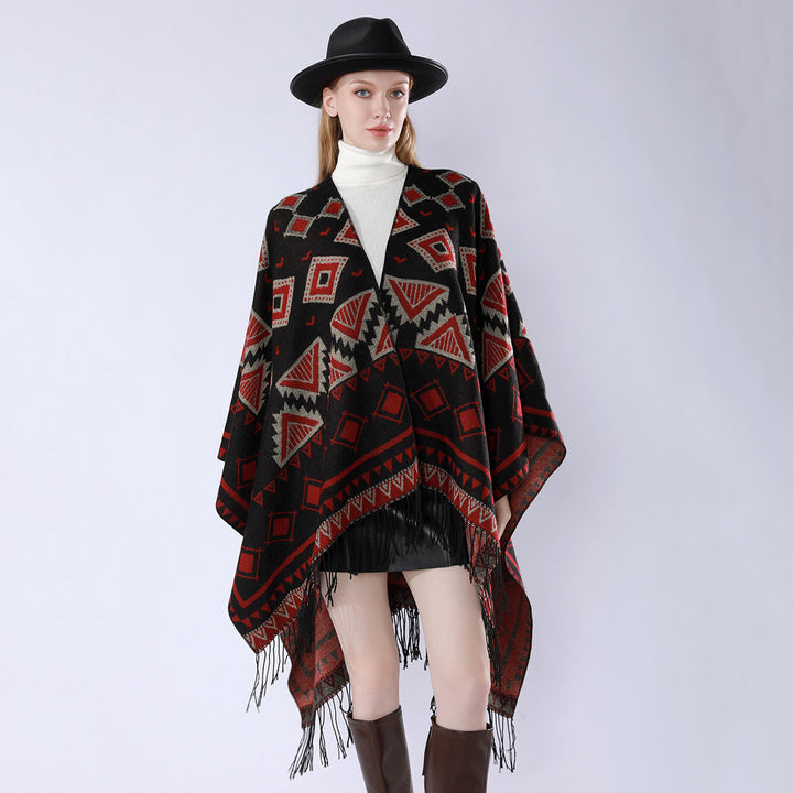 Women's Layered Hooded Overlay with Asymmetric Fringe Hem and Geometric Jacquard Mune Fashion