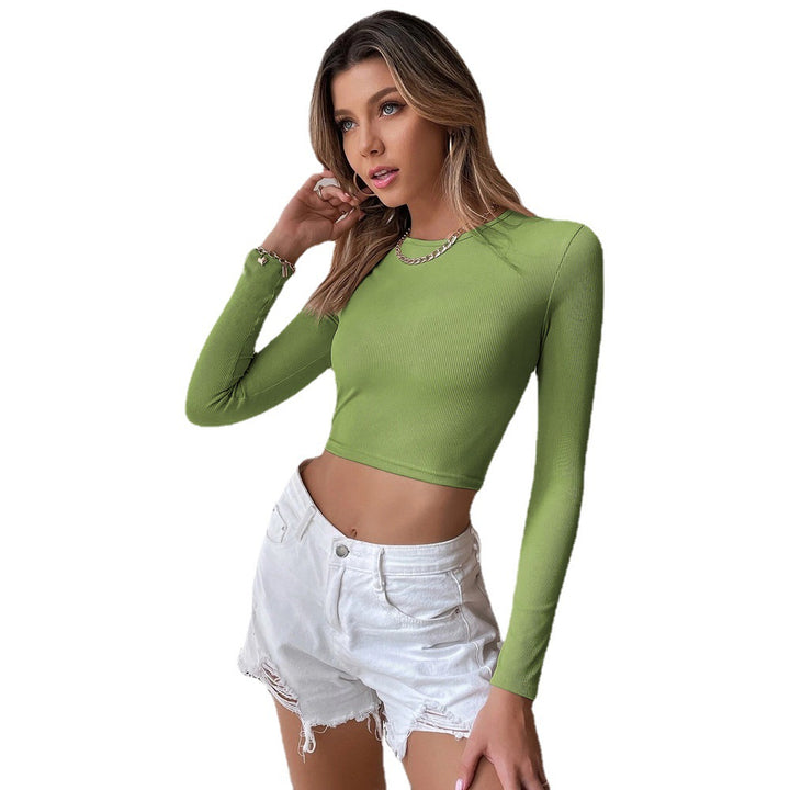 Women's slightly fitted ribbed cropped long sleeve with round neck