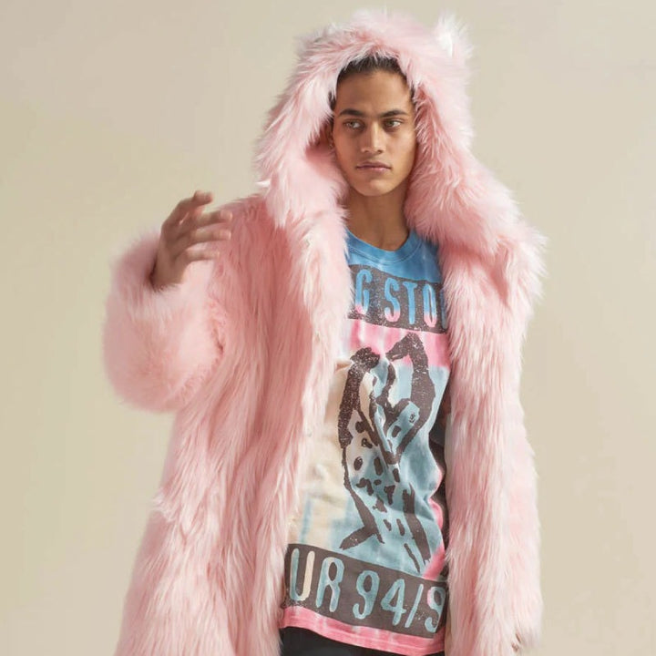 Women's Longer Hooded Faux Fur Coat with Animal Ears and Fluffy High Pile Mune Fashion